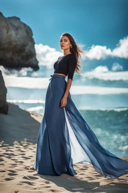 young lady wearing beautiful maxi blue skirt and elegant long shirt standing in beach posing to camera ,upper body shot,ships in sea ,blue sky nice clouds in background