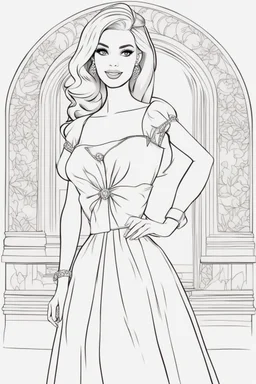 outline art for kids barbie coloring pages with barbie with short dress, no background, sketch style, full body, only use outline, mandala style, clean line art, white background, no shadows and clear and well outlined. should look exactly like barbie