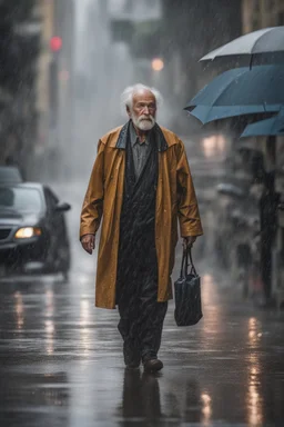 Ultra realistic A photograph of an old man walking in the rain making eye contact with the viewer in a mid-shot view, futuristic style, HOF, captured with professional DSLR camera,64k, ultra detailed,