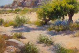 Sunny day, trees, flowers, rocks, arid land, vegetations, distant rocky mountains, sci-fi, willem maris, and konstantin korovin paintings