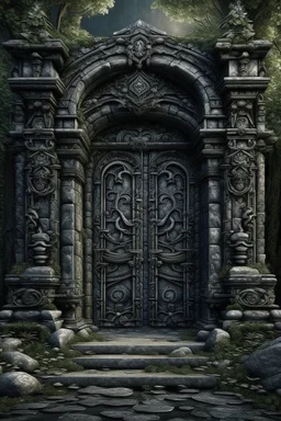 A huge wall made of granite black stones with a huge gate and giant wooden doors in the forest dark material, surrealist, elementals, intricate background, masterpiece, octane rendered, artstation