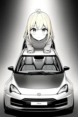 blonde young girl inside car, greyscale