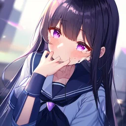 Clear focus,High resolution,High quality, Wearing a sailor uniform, Black long straight hair, Purple sparkling eyes, Hand on mouth, Crying