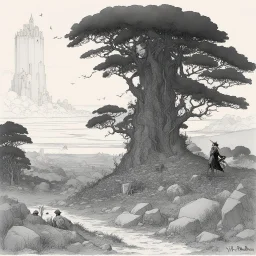 [art by W. Heath Robinson] once a flourishing field, now reduced to burned ruins, fumes of death hung heavy in the air. Amidst the devastation, an enraged redhead Barbarian, a towering figure of wrath and fury, thundered across the desolate landscape. His eyes blazed with a primal rage as he sprinted towards a lone white paladin, clad in chrome steel plate armor, a beacon of light amidst the darkness. The Barbarian faces the paladin.
