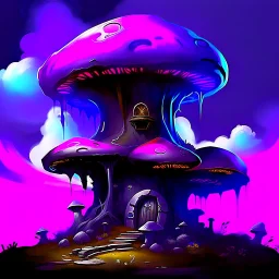 A fantabulous black, blue and magenta (((mushroom tower house))) erected atop a (geologic pillar), surrounded by the uncanny imaginative ((( swirling skies))), offset by the stark hues of a (neon-tinged nebulous space scape), within. captured by the hand a skilled master painter with a focus on (softly blurred compositions and voluminous lighting).