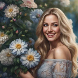 (best quality, 4k, 8k, highres, masterpiece:1.2), ultra-detailed, (realistic, photorealistic, photo-realistic:1.37),hyper realistic, full body gorgeous smiling 1woman,long hair,looking at viewer,realistic proportions,blue eyes,hair ornament,transparent top dress,very long hair,flower,blonde hair,parted lips,necklace,white dress,blonde hair,lips,joyful pastel background,freckles,realistic,head wreath, pink flower,realistic portrait, dreamy fantasy landscape countryside,great pespective,crystal