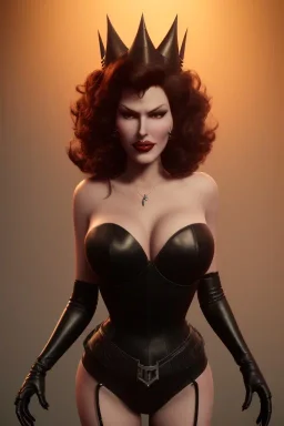 Rita Hayworth as evil queen in black leather, busty, cleavage, curvy, angry, stern look. character design by cory loftis, fenghua zhong, ryohei hase, ismail inceoglu and ruan jia. unreal engine 5, artistic lighting, highly detailed, photorealistic, fantasy