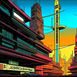 cyberpunk retro futuristic for comics really tall from far away