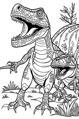 create a coloring page: Show a pair of adult T-Rex engaging in mating rituals, such as courtship displays or bonding behaviors. This can be an interesting scene for kids to color while learning about reproduction in dinosaurs. ink drawing clipart, simple line illustrations, colored