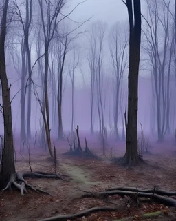 A purple foggy ominous woodland with dead trees painted by Keith Haring