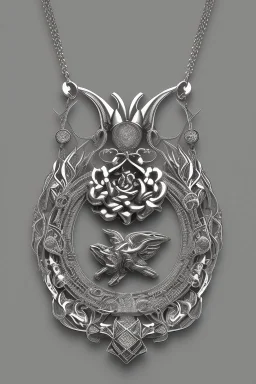 Silver necklace in the shape of the astra flower contains black crystal white background