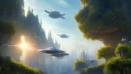 Many spaceliners docked at a huge busy spaceport, with gantries and walkways, setting into the side of a huge cliff, trees, vines and plants, Star Wars, Star Trek