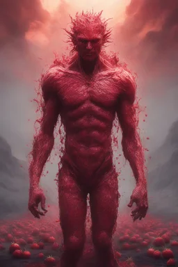 full body portrait, head to toe, imagine in a world made out of strawberries, a 4k UHD strawberry skinned, 1080p strawberry skinned man., at the edge of the Strawberry universe, three million years in the future, an extremely mutated and old Strawberry humanoid being, Volcanic Strawberry-man, with wirey, messy, spiked up, long leafy green strawberry hair, burned, scarred and ashy strawberry skin with a lost gaze, bound to the edge of time, wandering aimlessly and alone