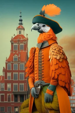 Half parrot half human in a 1700s Orange Dutch uniform next to a Dutch city