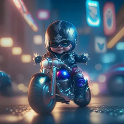 A Sharp Kawaii tiny hyper realistic baby captain america riding mini harley davidson, wearing bikers clothes with happy smile action, night of cyberpunk city background. wide angle full body, 8k, Cinematography, photorealistic,epic composition Unreal Engine,Cinematic, Color Grading, Portrait Photography,Ultra-Wide Angle, Depth of Field, hyper detailed