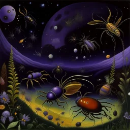 Violet space insects in a galaxy painted by Edward Hicks