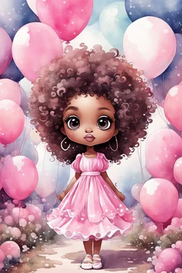 A watercolor fairytale style of a chibi cartoon wearing a pink maxi dress and white sandals. Prominent make up with hazel eyes. Highly detailed tight curl afro. Background of white and pink ballons everywhere.