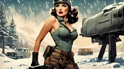 winter, a retro pin-up style, (war poster), of a post apocolyptic, diesel, grungy illustration