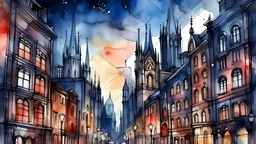 modern night metropolis city streets in gothic style watercolor