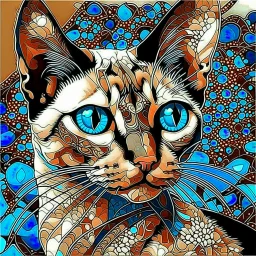 beautiful blue eyed, tall ,long legged, slender, elegant, sophisticated, sphynx-like chocolate point siamese cat expressionism pointillism style