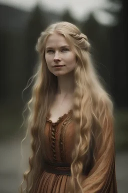 portrait of a Norwegian woman with super long blond hair, warm-hearted, goddess-like dress