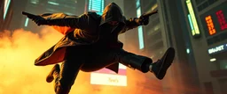 stealth thug cyberpunk action scene, acrobatic dodge, cape harlekin