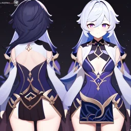 Clear focus,High resolution, Black long fluffy hair, and purple eyes, wearing a Genshin Impact Inspired Outfit,Detailed Clothes,A little bit revealing, must wear a short skirt, concept art