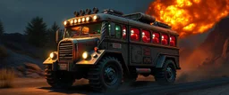 Monster panzer bus blues, driving to the fight, Metal riffs echo through the night. Coins in his pocket, smiles all around, He’s the happiest driver in all the battleground. (Verse 2) Goblins shout, axes clink and gleam, The kids are gone, but he keeps his dream. Horn goes “BRRRAAAM,” the drums collide, make it realistic 3d graphics in the style of gta 6