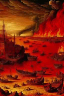 A red isles with a fiery junkyard painted by Leonardo da Vinci