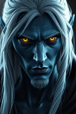 Dnd character art of a 20 year old male drow with yellow eyes and long white hair. High-resolution CGI, 4k, smooth dark-blue skin, high detail, cinematic.