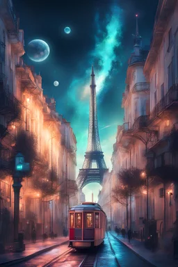 Lisbon city view in fantasy cyberpunk style with famous tram, eiffel tower in background, celestial cosmic galaxy sky