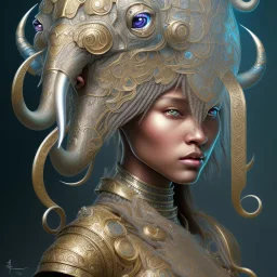 ssango fantasy, fantasy magic, intricate, sharp focus, illustration, highly detailed, digital painting, concept art, matte, artgerm and paul lewin and kehinde wiley, masterpiece silver elephant head bronze Asian African girl nice breast Hawaiian hair turquoise golden waves