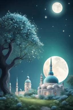 imagine a nigh view with stars, moon, tree, mosque, green flowers on earth realistic view light blue color low design details