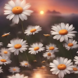serene daisies in the wind petals gently flying and beautiful sunset, digital painting, beautiful, high quality