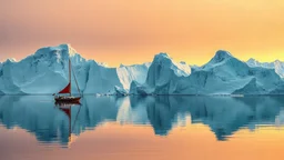 A serene, expansive, arctic seascape bathed in a muted, soft golden light of a gorgeous sunrise. A classic sailboat with a single red sail, crisp and boldly coloured, is off to the left half of the composition, floating on the glassy waters. Its reflection, including the distinct red sail, is mirrored perfectly beneath it in the calm sea. The boat is relatively small, emphasizing the grandeur of its surroundings. Towering icebergs, with intricate textures and nuanced shades of blue