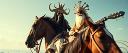 beholder tyrant riding a horse on a lagoon, goa folk electronica trance, latin breaks, guitar, sitar, indian vibes, fsol, close up portrait, amazed guru