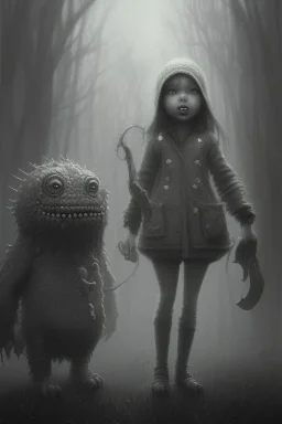 cute girl and litlle monster, Style John Kenn Mortensen,