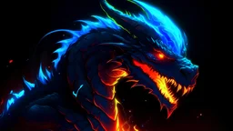 Dark anime glowing volcano villainous neon Dragon with blue atomic breath