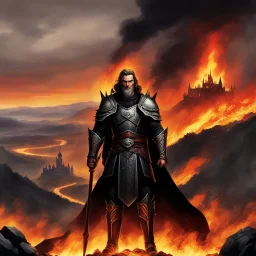 The lord of the Hell on the right, looking at the camera. A landscape with his castle on a hill in the background. all in the flames of the hell.