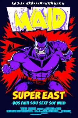 comic scary super hero mad crazy wild super head big title with movie poster title: Austin super beast, 90s style, angry fast, extreme, wild, so so so so angry, tough sexy red and purple background with 90s comic style slashes