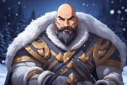 Happy Braum in 8k solo leveling shadow drawing style, only big Moustache, Bald, ice winter, intricate details, highly detailed, high details, detailed portrait, masterpiece,ultra detailed, ultra quality