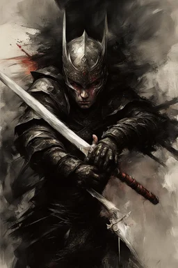 A formidable warrior man in black armor defends herself with a shiny sword, a fabulous scary hero, juicy emotions, painting, gloomy fantasy, gloomy day, dark world,, without a background, oil and graphite, wide strokes, a weaving frame around, by Ryohei Hase, Agnes Cecile, Raymond Swanland, Anne Bachelier