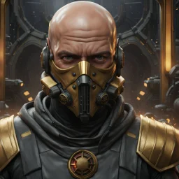 star wars bald male corellian pilot wearing pearlescent black and gunmetal grey First Order special forces heavy assault stealth commando armor and helmet with gold trim inside the jedi temple, hyperdetailed, dynamic lighting, hyperdetailed background, 8k resolution, volumetric lighting, light skin, fully symmetric details