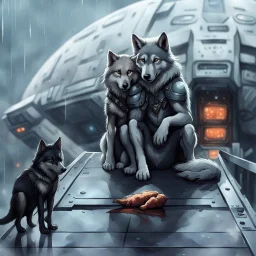 digital art front in picture an of little dark dog like creature stands and looking an anthropomorphic wolf couple sitting on the spaceship's ramp close together, the female wolf sits behind pale gray male wolf and puts one paw on the dark gray wolfman's shoulder, raini day, on ramp a little piece of meat lies down, high contrast, high detalied, high realistic, in background detail of a spaceship is visible. Rain, The atmosphere is a seamless blend of sci-fi and dark fantasy mood, digital art