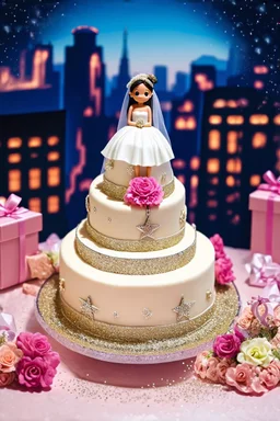 a really delicious and visually stunningly beautiful wedding cake, with a cute miniature bride and groom on top, sitting on a beautiful decorated table, with flowers and gifts around them. The cake is cut in a fancy shape, with intricate details that mimic expensive jewelry, glittery decorations that sparkle like the stars, and a backdrop of a romantic cityscape with sparkling city lights. The bride and groom are dressed in elegant white dresses with flowing ribbons and delicate flowers, reflect