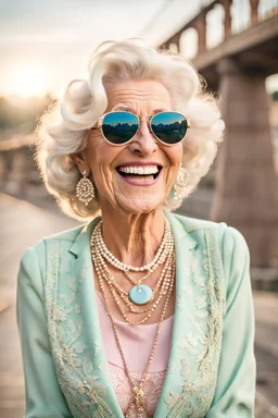 an happy older woman wearing sunglasses, vintage pastel outfit, and a necklace. She has a wide smile on her face and is laughing, in background blur bridge, natural light , high detailed, sharp focus, photorealistic, happy mood