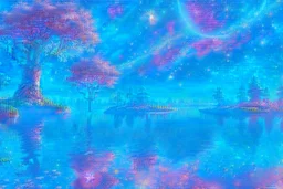 blue and gold crystal cosmic and galactic ambiance sky trees river lake, full of details, smooth, bright sunshine，soft light atmosphere, light effect，vaporwave colorful, concept art, smooth, extremely sharp detail, finely tuned detail, ultra high definition, 8 k, unreal engine 5, ultra sharp focus