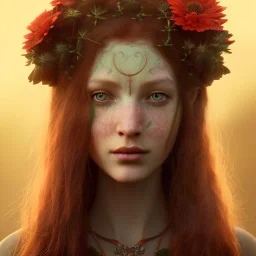 A beautiful celtic druid with red hair and flowers and mushrooms growing from her hair and skin, digital art, HD, 8k, high definition, very high quality, detailed eyes, nature, druid, fantasy