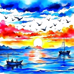 watercolor landscape view for ocean at the sunset and birds are flying in a blue sky and a small boat in the water