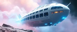 space ship, shiny bright slug mega ship snail flourescent white blue like bubble gum with many windows and decks, interdimensional twister, rock against colored spaced fog, space interior
